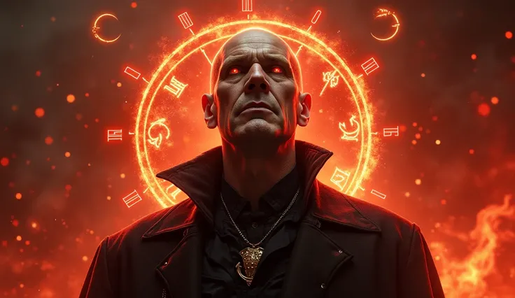 Voldemort rising from the ashes, surrounded by astrological symbols of Scorpio ,  with a determined expression and a red-orange glow in the background representing transformation."