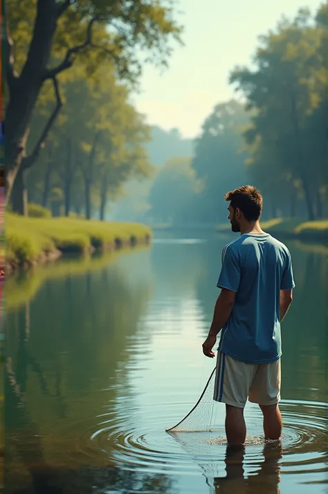 Lionel Messi is fishing with a net by a river. Image jenarete 