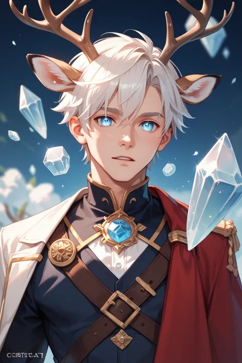 Anime boy men garçon with deer crystal entlers white short hair   bright cristal eyes magic fantasy pretty