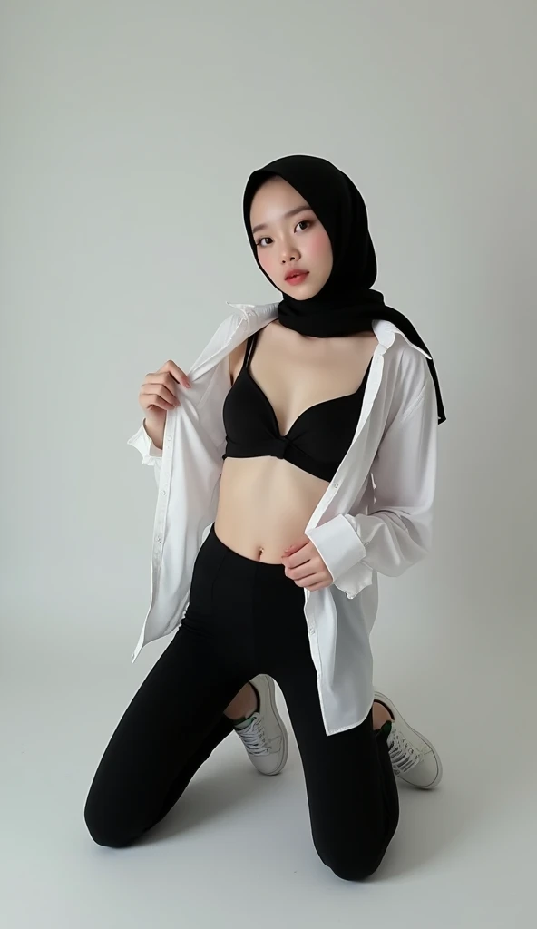 A full body photo of beauty and cute white skin korean girl wearing black modern hijab and wearing see through white unbuttoned shirt and black pushup bra and black cotton legging,big breast size, the girl kneeling down,the girl was undressing the shirt, t...