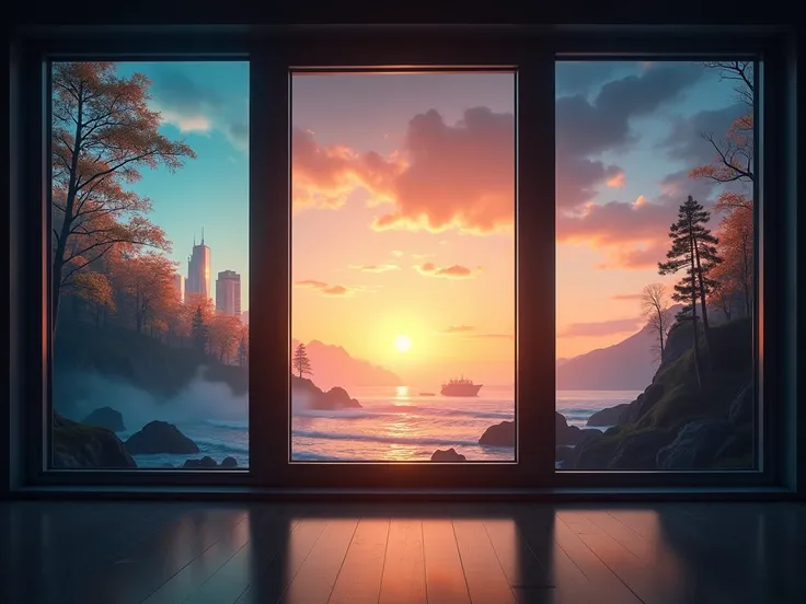  A large and modern window ,  with a dark and minimalist frame ,  occupy the center of the image .  Through its divisions ,  you can see three different landscapes :

 An enchanted forest with glowing trees and ethereal fog .
 A futuristic city with illumi...