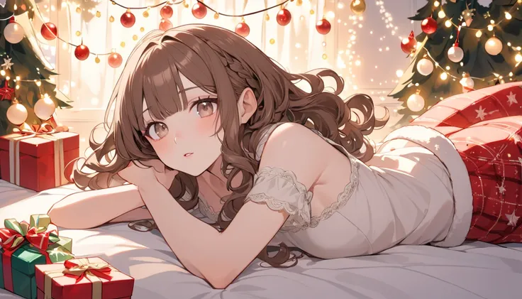 An a pale-skinned character who appears to be a femboy. Short, wavy brown hair with bangs. Lying on the bed surrounded by Christmas decorations, gifts, glowing garlands, festive ornaments, and twinkling fairy lights on a cozy holiday mantel. dynamic pose a...