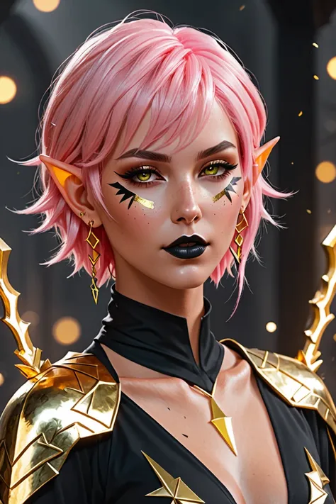  fragile elf of medium height pink very short hair with neon locks 
completely black eyes,  golden arrows on the eyelids
black lips
nose ring
sorcerer wild magic
simple clothes , matte black jumpsuit with gold patterns  

