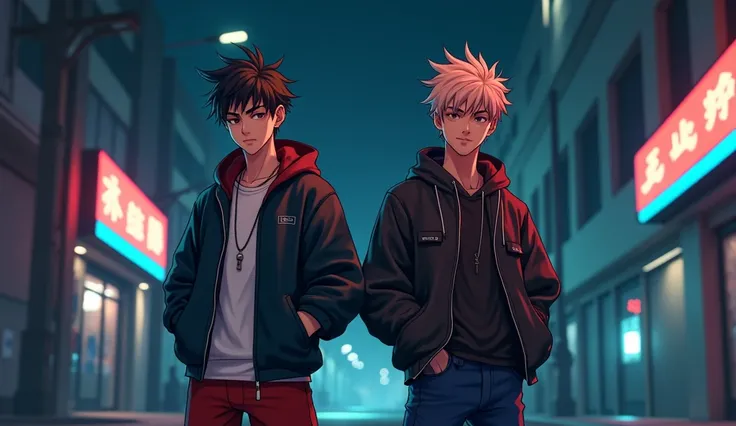 Two friends, cool and distracted pose, night, streeatwear clothes, young males, aura, edgy, aesthetic, 3D anime, emo rappers, different hairstyles and colours, sharp shadows