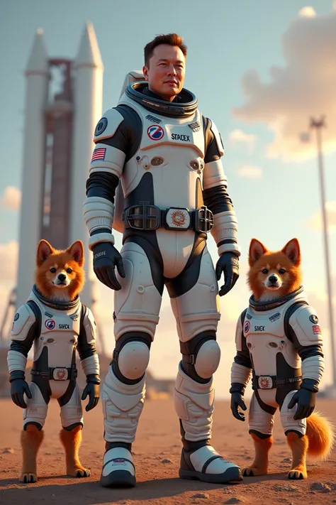 Elonk Musk in a space suit ,  in the background of the Space X  ,  rocket launch base next to him two dogs as co-pilots in space uniforms with the names DogTurbo and CarameloCoin