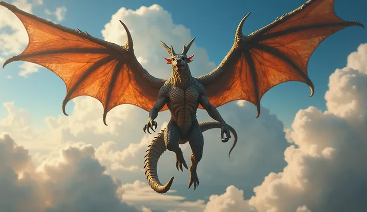 Furry dragon man realistic in the sky