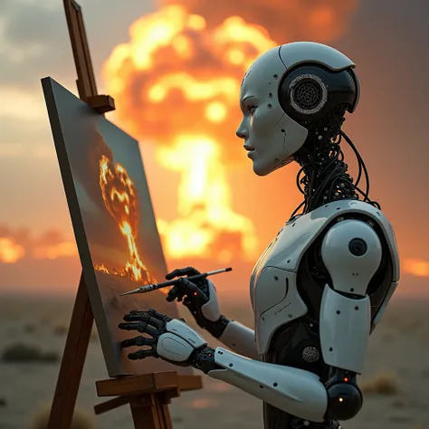 A sleek, humanoid robot paints on an easel, capturing a dramatic scene of a nuclear explosion in the background. The contrasting calmness of the robots focused expression and the chaotic destruction behind it creates a striking juxtaposition. Explore theme...