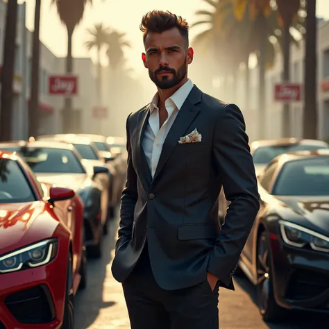 Create a realistic image where a young man in luxury suit , standing infront of luxury cars and smoking a weed. theres full cars behind him .The background is smokey type. He has nice hair and beard. The name "JAY" showing with made up of steel.The pic moo...