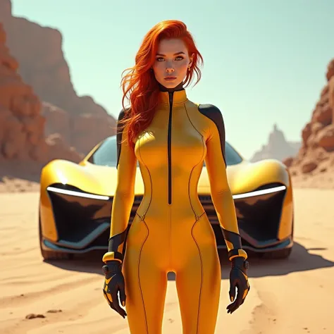 beautiful redhead woman in dirty futuristic yellow car racer clothes in front of a futuristic car in the middle of the desert