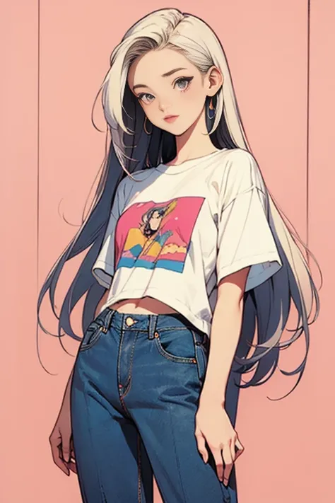 Women, 90s, retro, baggy jeans, t-shirt, ( flat colors , Flat texture, linear drawing:1.2),  small breasts ,  long white hair , silk hair . 
