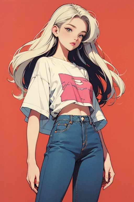 Women, 90s, retro, baggy jeans, t-shirt, ( flat colors , Flat texture, linear drawing:1.2),  small breasts ,  long white hair , silk hair . 
