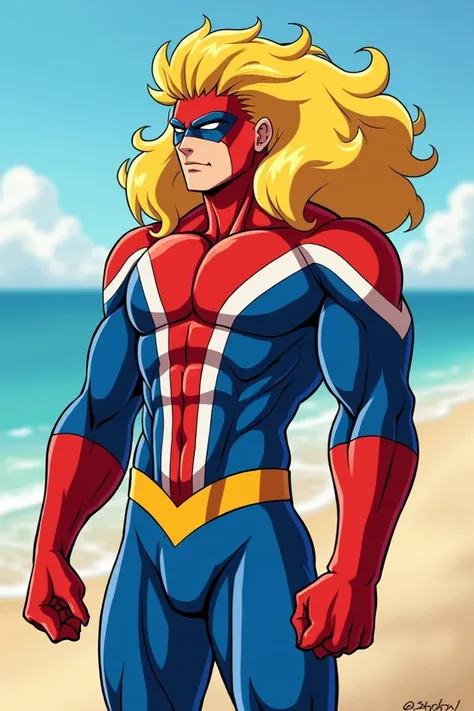 Draw me All Might from the series My Hero Academy naked masturbating with Izuku Mirodiya having sex on the beach and cum pouring out of his penises