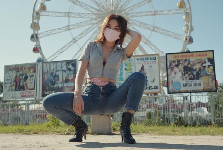 A beautiful woman posing with billboards in front of a ferris wheel, light pink face mask, tight gray short-sleeved shirt, dark blue jeans with open zipper revealing pink lace panties, black high-heeled boots, crouched with knees wide apart, one hand on hi...