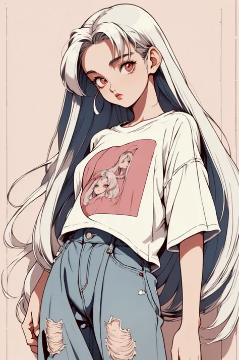 Women, 90s, retro, baggy jeans, t-shirt, ( flat colors , Flat texture, linear drawing:1.2),  small breasts ,  long white hair , silk hair 