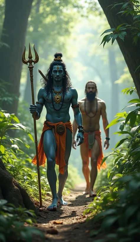 Mahadev is walking through the jungle with a trident in his hand and a naked Maharaj is also with him, 3d High Resolution, 