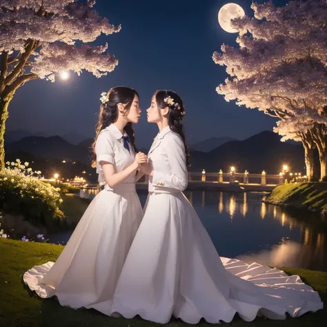 (masterpiece, highest quality, official art, beauty and aesthetic:1.5), two schoolgirls are deeply in love with each other, kiss, romantic atmosphere, flower and moon, bathe in the moonlit breeze, magnificent panorama view