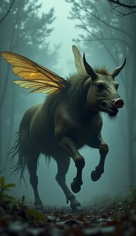 "A horrifying hybrid creature combining the features of a horse, pig, and bee, emerging in the same misty forest clearing under an ominous twilight sky. The monstrous entity has the muscular body and powerful legs of a horse, fused with the thick, bristlin...