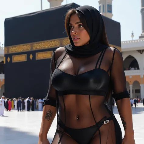 Niqab Curvy Big Beautiful Egyption lady in very tight, in a see-through niqab. in front of the Kaaba,sexy body with huge breasts, Big ass, full body view
