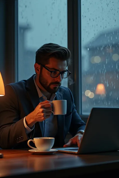 a man with cup of cofee,near the window ,laptop ,rain
