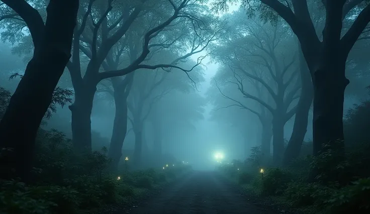 A mysterious forest, misty atmosphere, faint glowing lights in the distance, chilling whistling sound, eerie rustling leaves, trees with a sense of life, (best quality,4k,8k,highres,masterpiece:1.2),ultra-detailed,(realistic,photorealistic,photo-realistic:...