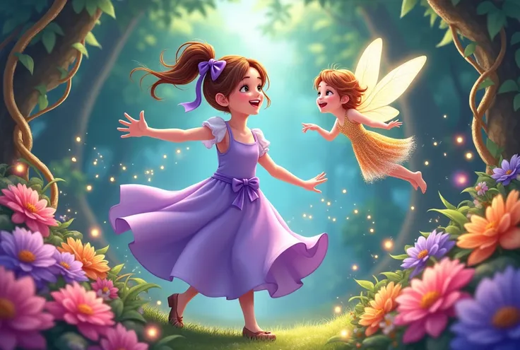 "An anime-style jungle bursts to life with blooming flowers in radiant pinks, purples, and oranges. Golden vines shimmer, and fireflies create glowing swirls in the air. Lila, her chestnut-brown hair tied with a lavender ribbon and lavender dress flowing a...