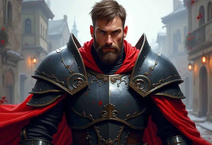 man with short beard, epic rpg portrait, fantasy male portrait, rpg portrait concept art, male warrior, fantasy concept art portrait, epic portrait illustration, detailed character portrait, one human warrior, big black armor with details red, full armor, ...