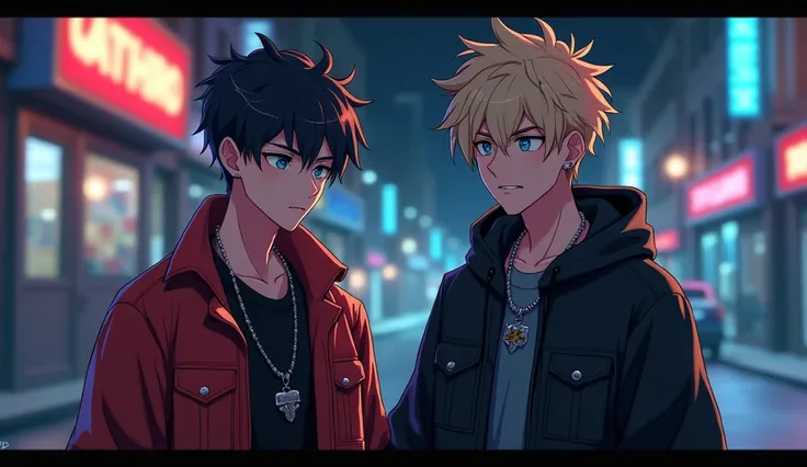 Two friends, cool and distracted pose, night, streeatwear clothes, young males, aura, edgy, aesthetic, 3D anime, emo rappers, different hairstyles and colours, sharp shadows