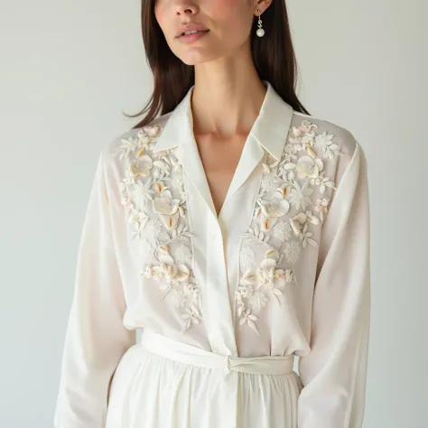 Overview of the shirt ,  womens blouse made of white fabric  ,  white textile with white floral embroidery,   shells and white sequins 