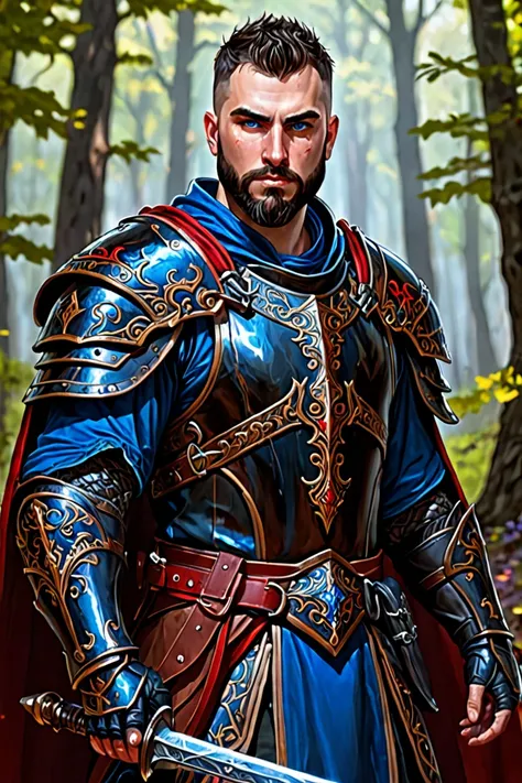 man with short beard, epic rpg portrait, fantasy male portrait, rpg portrait concept art, male warrior, fantasy concept art portrait, epic portrait illustration, detailed character portrait, one human warrior, big black armor with details red, full armor, ...