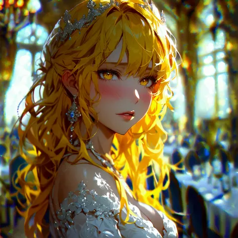 Big breast , blush, ,  High resolution,   woman with yellow hair and yellow eyes wearing a full-height white dress in an empty party room staring at you