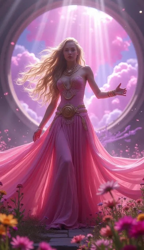 This ultra realistic image of a striking scene featuring a beautiful Indian magician woman, embodying elements of mystique and magic. She stands confidently, her pink dress adorned with intricate patterns flowing around her, as she conjures swirling Strom ...