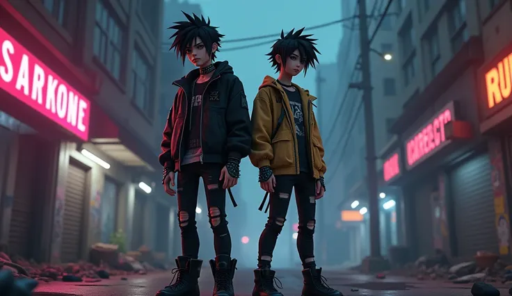 Edgy realistic metalhead emo rapper, YOUNG MALE, dressed with goth aesthetics. He is with a friend, who uses much brighter colours in his costume. 3D DARK ANIME 