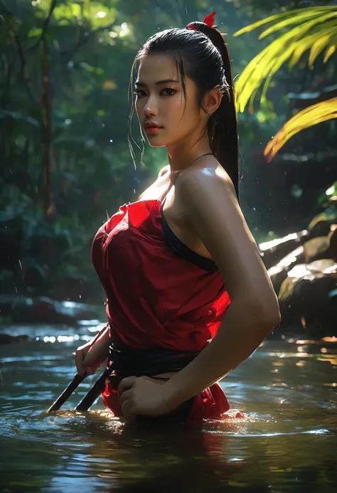 beautiful girl ,Thai Female Warrior, bathing in a swiming pool at the forest, dynamic poses, Red and black strapless shirt, Long ponytail,black eyes,abdominal muscles,voluptuous body, rounded breast, (big breast:1.3), cleavage, Morning sunshine,Eyes on the...