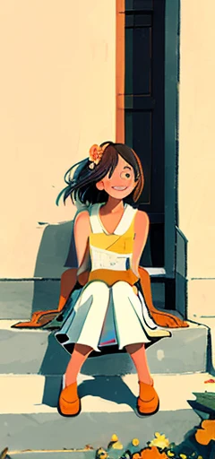 1 girl,Computer， Solo, stairways, Long hair, Brown hair, plant, shirt, Bird, Sleeveless shirt, Yellow footwear, Sleeveless, Sitting, White trousers, Skirt, flower, Smile, White skirt, orange footwear, Leaves, Black eyes, Wide shot, shoe, pink flower, trous...