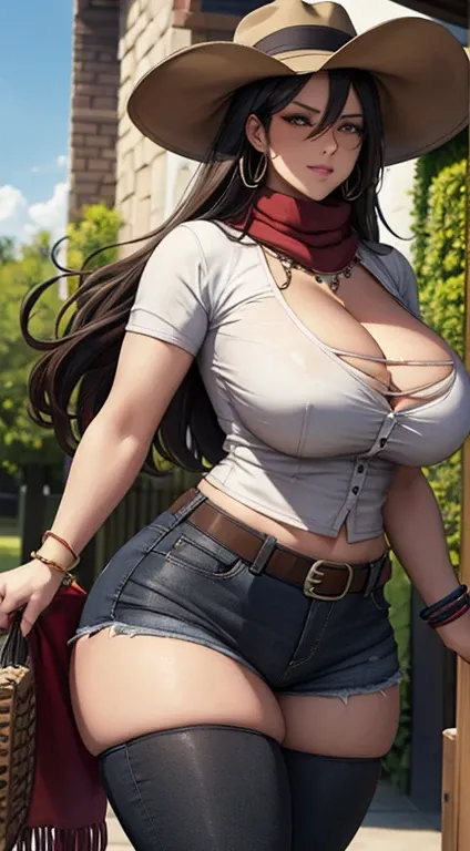 Cute girl, big sized breast, cleavage, MILF, thigh legs, 18th century city background, busty girl, oppai, large cleavage, wide hips, thick thighs, (tight fit clothes, beige button shirt, rolled-up sleeves, croptop, exposed cleavage, large cleavage, brown l...