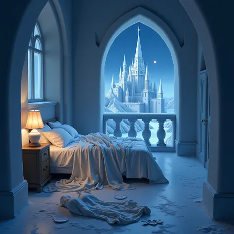 night time, view of room of an icy castle, balcony windows open, view of icy kingdom, theres a white dress, bra and panties on the floor of the room near the bed, lamp turned on standing on the bedside table