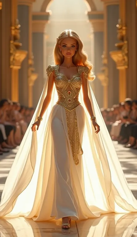 Barbie em um vestido white and gold andando por uma passarela de moda deslumbrante,  white and gold priestess robes,  white tunic with gold details ,  golden-white tunics , greek goddess, vestido white and gold, white and gold, elegant ancient greek dress,...