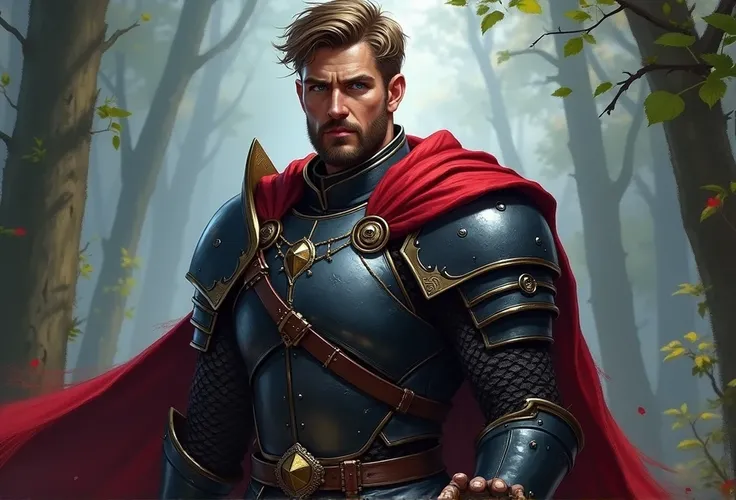 man with short beard, epic rpg portrait, fantasy male portrait, rpg portrait concept art, male warrior, fantasy concept art portrait, epic portrait illustration, detailed character portrait, one human warrior, big black armor with details red, full armor, ...