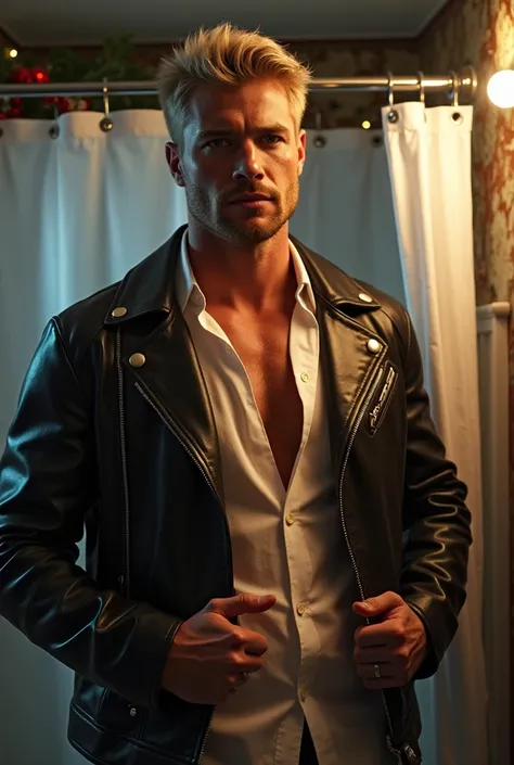 1 sexy men, blond very short hair, white shirt, leather jacket, big muscles, bathroom, shower curtain in the hands, night, christmas, High Resolution, 