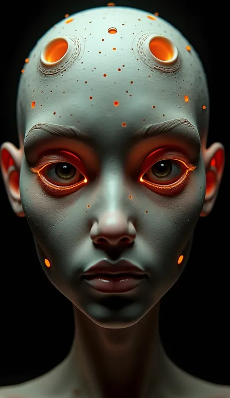  A stylized but ultra-detailed 3D portrait of a human face with four perfectly shaped and aligned eyes,  skin marked by tiny holes that create a mesmerizing and ominous pattern ,  with warm lighting that contrasts with the cold black background ,  hyperrea...