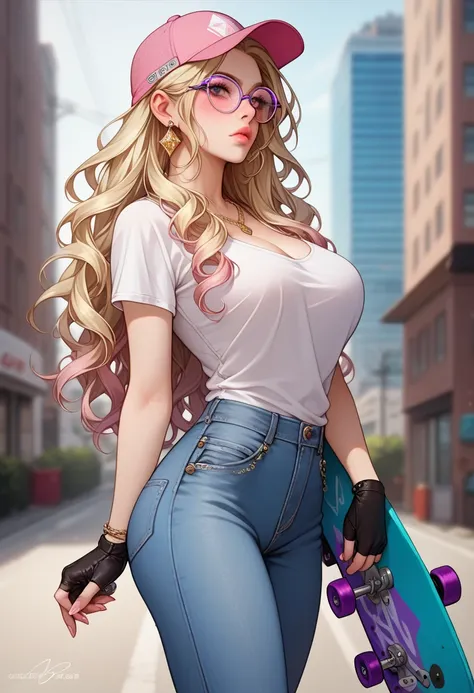 Score_9, score_8_up, score_7_up, score_6_up,1girl, solo, masterpiece, best quality, blushing, cute girl, round breasts, soft pink lips, pouting, backwards pink hat, long blonde hair, bouncy curly hair, denim jeans, black fingerless gloves, light makeup, ho...