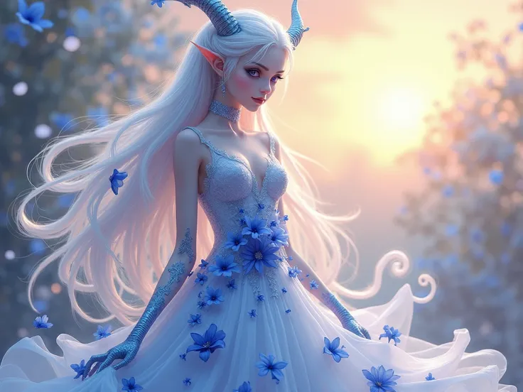 (masterpiece, best quality)detailed, 1Character , blue archive art style ,  wearing a flowing transparent white dress with blue, shiny ,flowers, Beautiful woman , pale skin , purple eyes ,elegant, regal , pure white hair ,absurdly long hair,  pointed ears ...