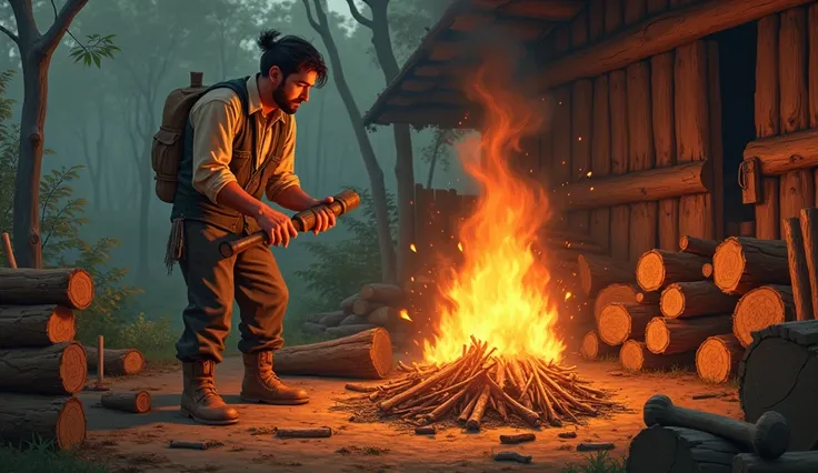 Miguel cut the thick wood into pieces, chopped the small one into firewood, He made a round and set fire to the brushwood. 