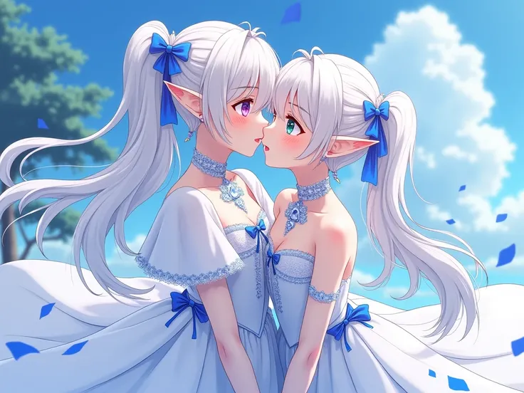 (masterpiece, best quality)(8k) detailed, 2girls, yuri, lovers, Character , blue archive art style ,  wearing a flowing white dress with blue paters, shiny , Beautiful woman , pale skin , purple eyes ,elegant, regal ,fern (sousou no frieren), frieren, poin...