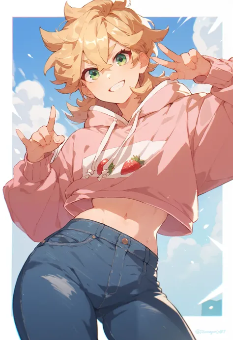 boy teen, wide hips, medium hair, messy bangs, strawberry blonde hair, green eyes, wide hips, wearing cropped pink hoodie, denim pants, blue and white tenis, fun pose, fun background 