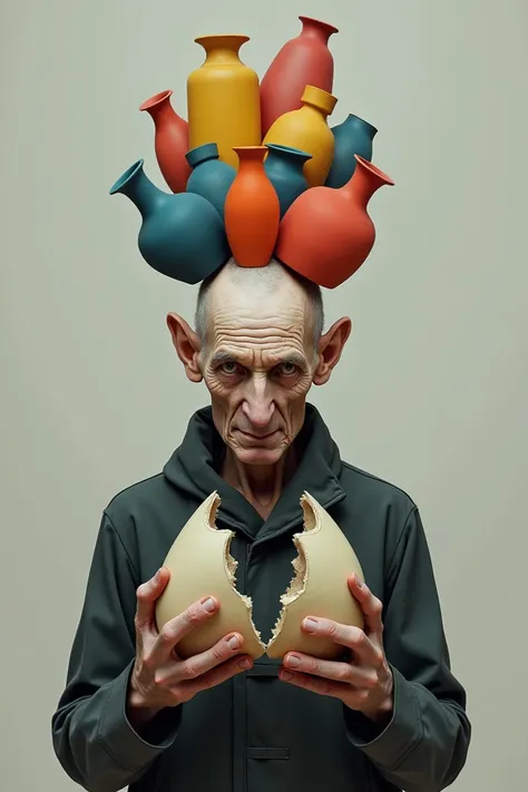 A man holding with both hands a vase broken in half with an emaciated face and on top of his head new crafts of vases of various shapes and colors square circular 
