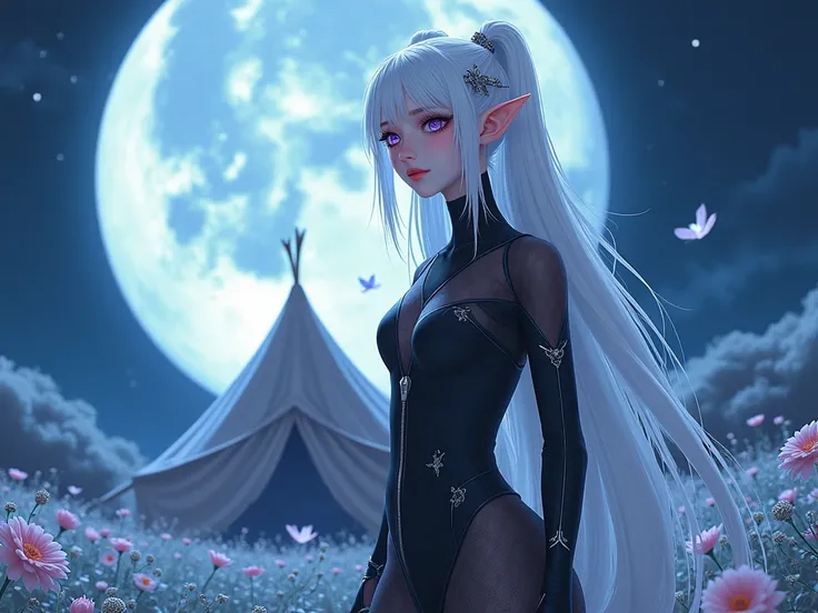 (masterpiece, best quality) detailed, 1girls,large moon,close-up moon, tent, flowers, blue archive art style , wearing Black bodysuit, silver accents , zip up , futuristic, shiny , Beautiful woman , pale skin , purple eyes ,elegant, regal , pure white hair...