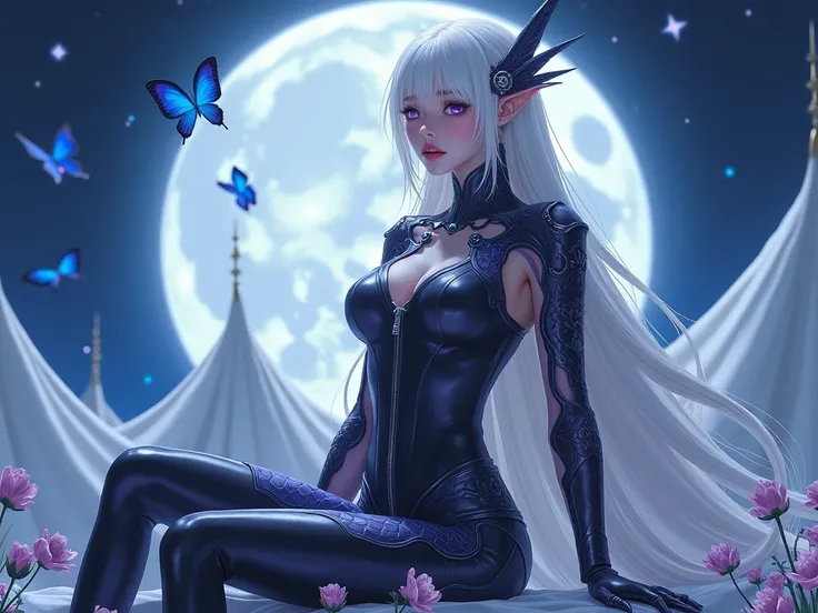 (masterpiece, best quality) detailed, 1girls,large moon,close-up moon, tent, flowers, blue archive art style , wearing Black bodysuit, silver accents , zip up , futuristic, shiny , Beautiful woman , pale skin , purple eyes ,elegant, regal , pure white hair...