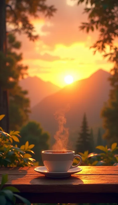 A bright sunrise with rays of sun illuminating a serene landscape, such as a forest or mountain, with a cup of coffee in the foreground on a wooden table. realistic style