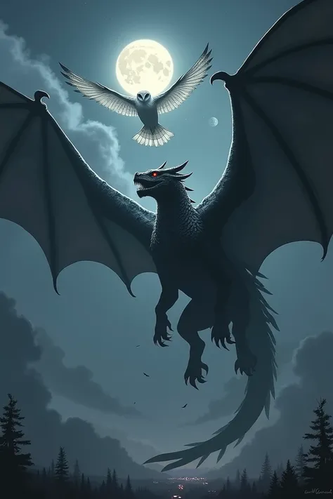 A huge, furious black dragon and a white and black owl flying over it under a full moon 